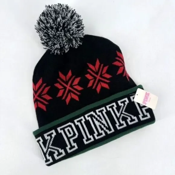 NWT VICTORIA'S‎ SECRET PINK BLACK RED & GREEN POM POM COZY BEANIE HAT ONE SIZE