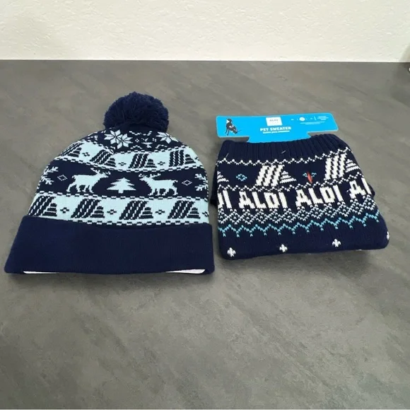 ALDI Gear Christmas Holiday Winter 2023 Pom Beanie‎ & Matching Med Dog Sweater