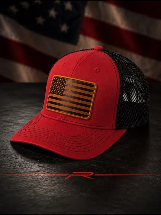 Red / black American Flag Leather Patch Trucker Hat – Breathable Mesh Back Cap