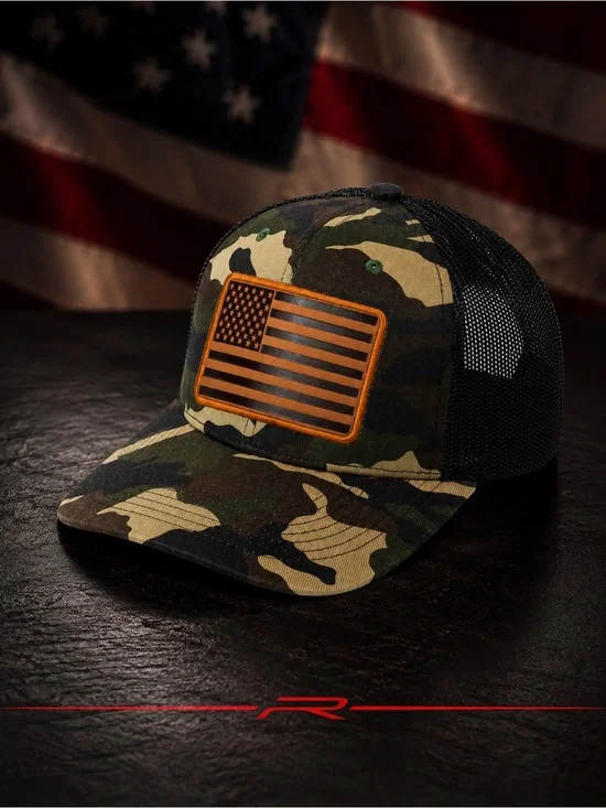 American Flag Leather Patch Camo / Black Trucker Hat – Breathable Mesh Back Cap
