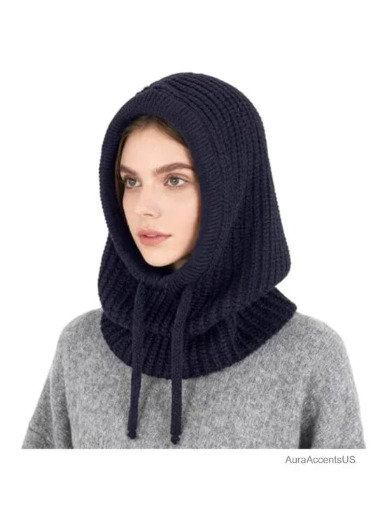 Knit Balaclava Hood Ski Mask Winter Beanie Neck Gaiter Drawstring Pullover Women