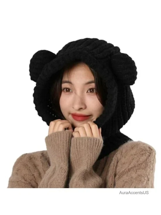 Knit Winter Hat Women Cute Bear Balaclava Warm Hooded Scarf Beanie Skull Cap