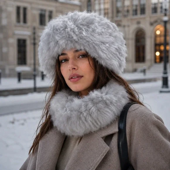 Alpaca Fur Cossack Hat & Detachable Collar Set Gray Peruvian Soul Women Girls