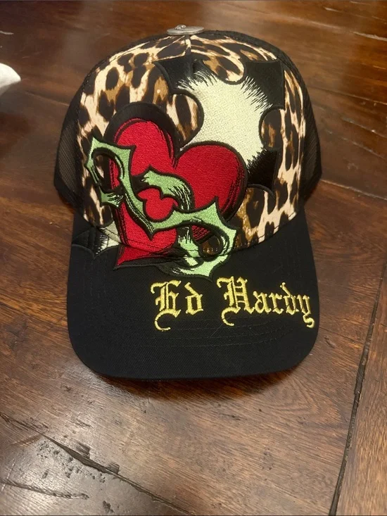 Ed Hardy Black Sacred Heart Trucker Hat in Leopard