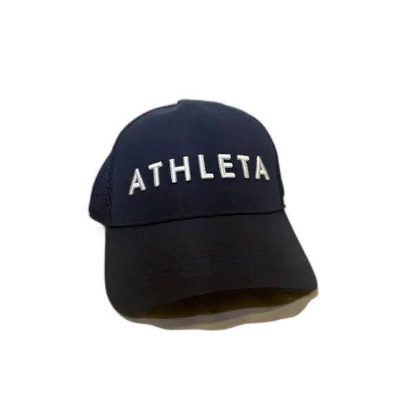 Athleta Icon Trucker Hat Womens OS Navy White Logo Mesh Snapback NWT