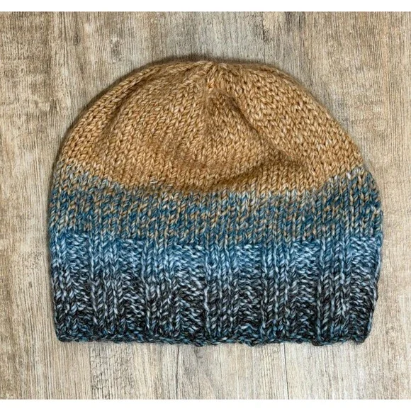 New Hand Knitted Acrylic Blue & Beige Beanie Hat Unisex Beanie