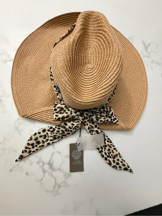 Vince Camuto Tan Straw Sun Hat with Leopard-Print Scarf