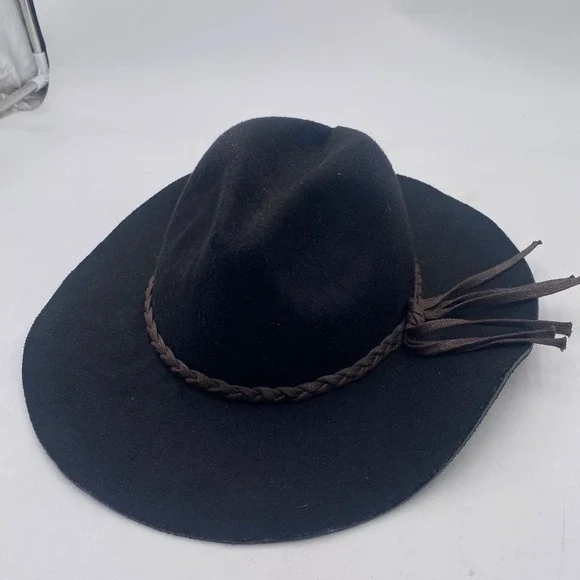 Western Fedora Hat One Size Black Wide Brim Braided Band Adjustable