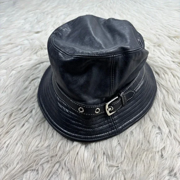 Vintage Y2K Coach Women's S Black Leather Bucket Hat Designer Cool Girl Street