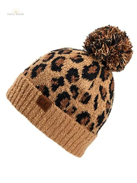 Leopard Pattern Beanie with Fur Pom, Viscose Blend, Winter Hat