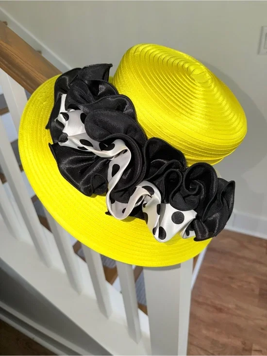 Beautiful Ashro Yellow Wide Brim Church Hat Black White Polka Dot Ruffle Derby