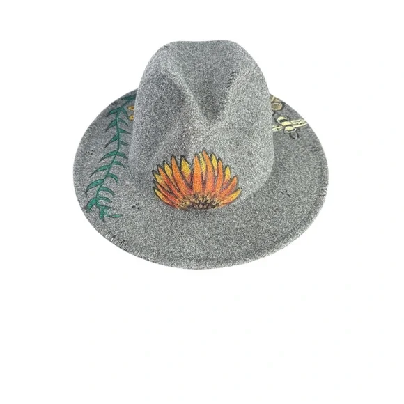 Hand-Painted Wool Fedora Hat | Floral & Bee Design | Artist Signed | NWOT
