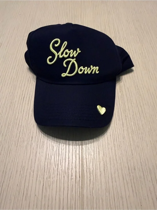 Slow Down Embroidered Cap - Navy with Yellow Accent