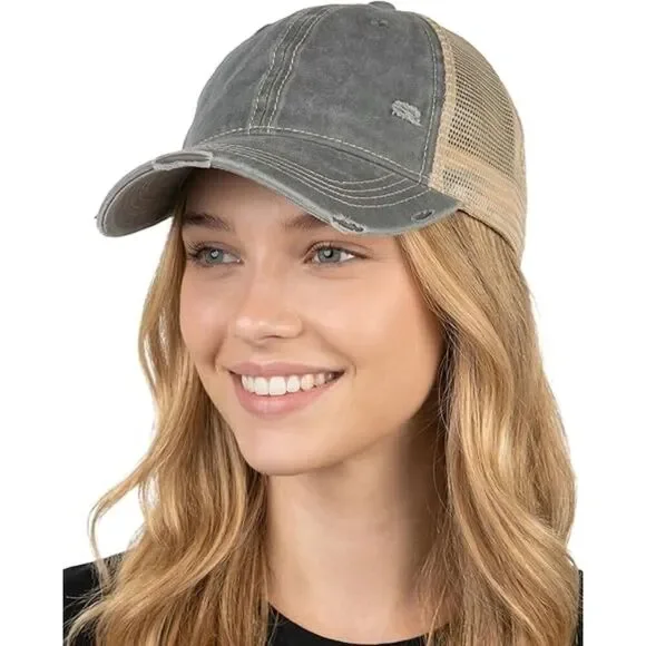 Women's Grey Beige Mesh Washed Adjustable Fit Classic Comfortable Baseball Cap