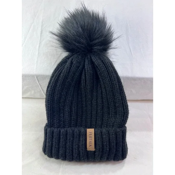 FURTALK Women Black Ribbed Knit Beanie Faux Fur Pom Pom Winter Hat