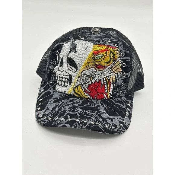 Skull Tiger Embroidered Trucker Hat Black Studded Mesh Snapback Cap Y2K Style