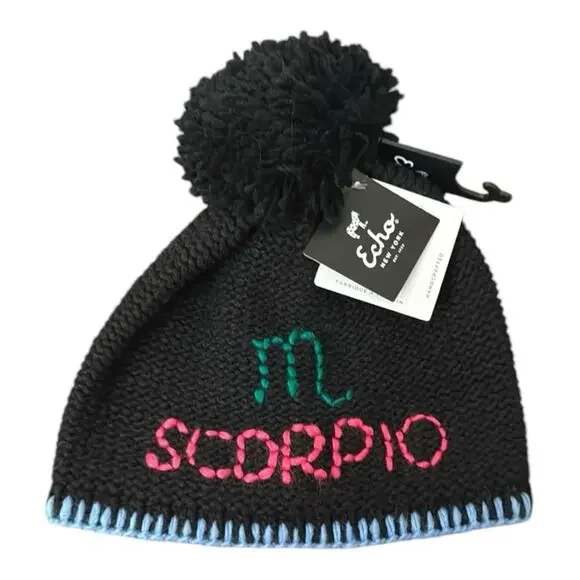 New Echo Wool Blend Scorpio Zodiac Pom Pom Beanie Black Colorful Ski Retro