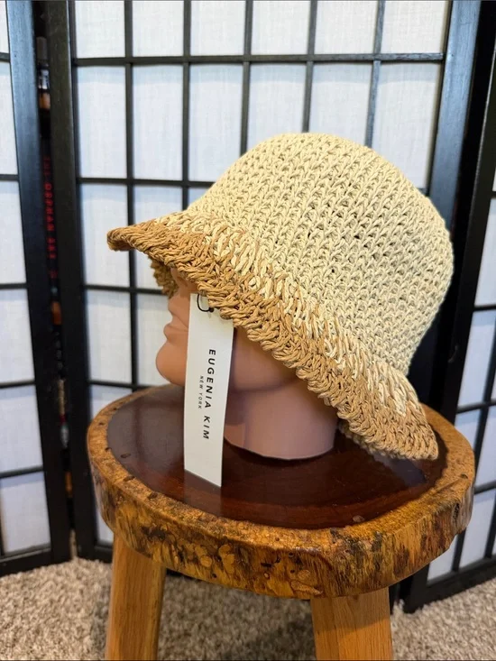 Eugenia Kim NEW Two-Tone Crochet Paper Straw Sun Bucket Hat in Natural and Tan