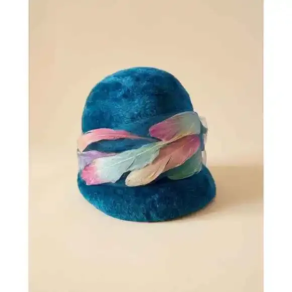 Vintage Christian Dior Chapeaux Turquoise Cloche Hat | Feather Trim Designer Ha