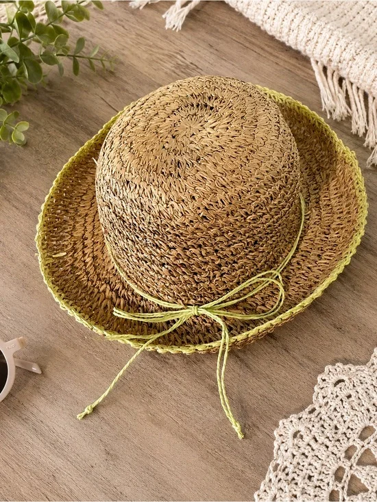 Scala Gal Straw Sun Hat 57 cm Wide Brim Natural Tan Green Trim Boho Beach