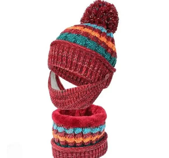 Womens Winter Fleece Lined Beanie Hat with Face Mask and Neck Scarf Gaiter Red
