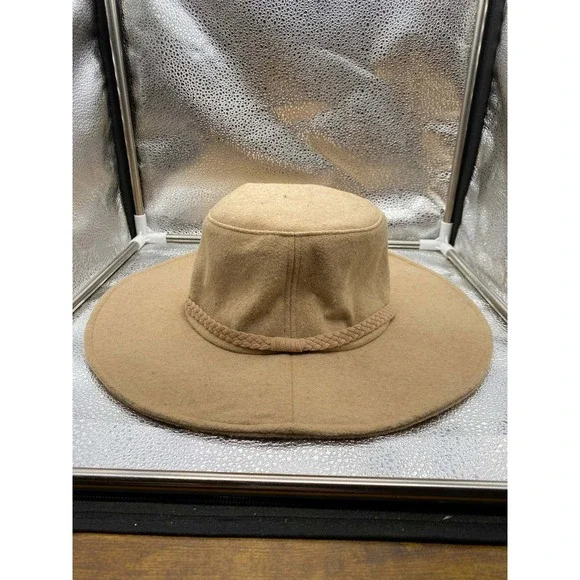 ASN Wide Brim Sun Hat Womens OS Tan Wool Blend‎ Braided Trim Floppy Fedora