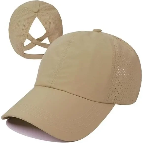 Womens Camel Criss Cross Ponytail Adjustable High Messy Bun Classic Baseball Cap