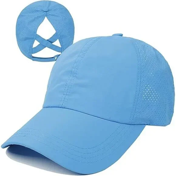 Women's Blue Criss Cross Ponytail Adjustable High Messy Bun Classic Baseball Cap