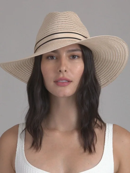 Eugenia Kim Beige Straw Wide-Brim Fedora with Black Band