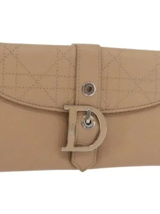 Christian Dior Bifold Wallet Leather Beige Silver Auth 181514