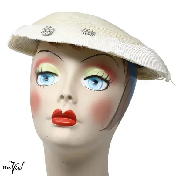 Vintage 50s Ivory Platter Hat w Rhinestone & Pleated Trim 11
