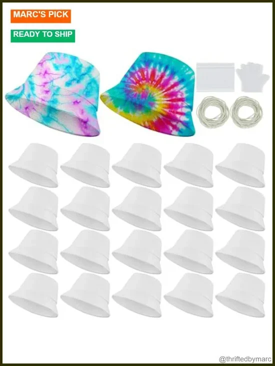 20 Pack Cotton Bucket Hats for Tie Dye Kit, DIY Blank Sun Hats with Rubber