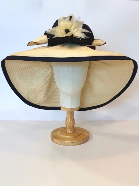 Vintage, Woman's Extra Wide Brim Formal Straw Hat, Head Size S, Floral & Bow