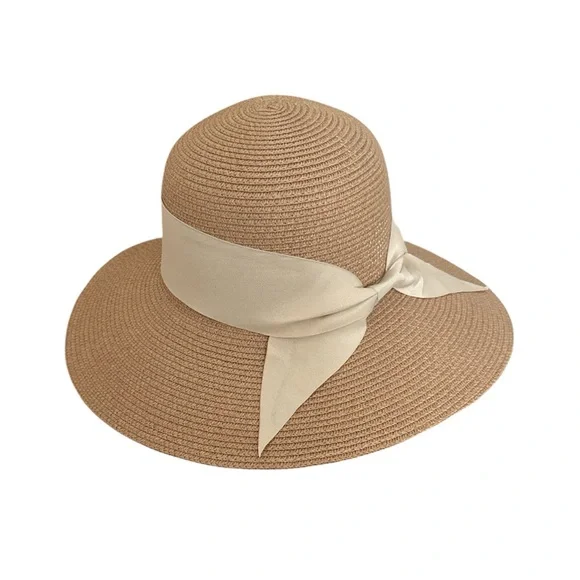 Sun Hat Wide Brim Cream Ribbon Bow Beach Vacation Summer Accessory New No tags