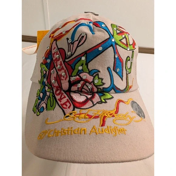 Ed Hardy Christian Audigier Vintage Trucker Hat Tan Rose Anchor Rhinestone NWT
