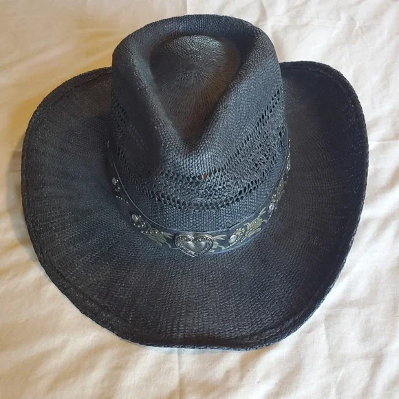 O'Ryan Hat Company Black Straw Cowboy Hat Heart Concho Rhinestone small
