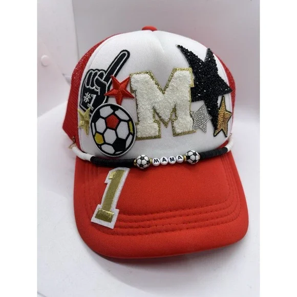 Soccer Mom‎ Trucker Hat Red White Custom Bling Stars Foam Finger Snapback