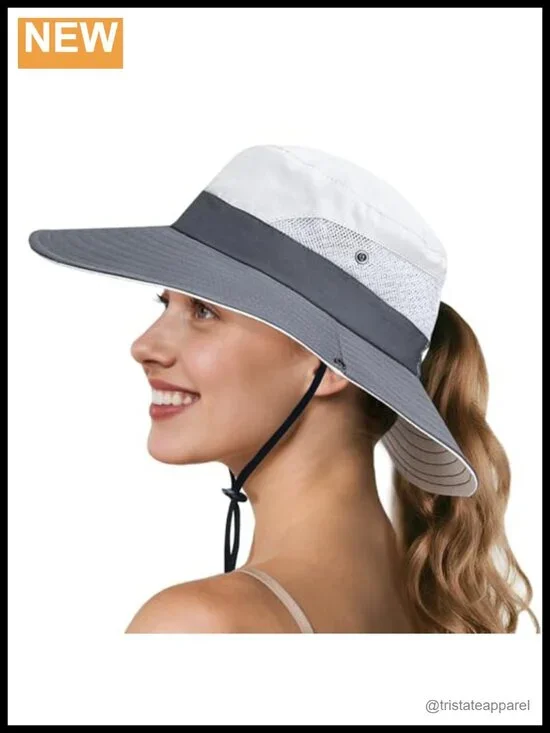 UPF 50+ Ponytail Sun Hat with Wide Visor - Lightweight Packable Outdoor Hat