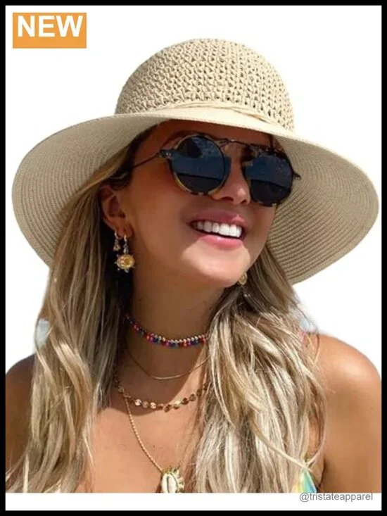 Wide Brim Paper Straw Sun Hat for Women Summer Beach Travel Foldable with Chin