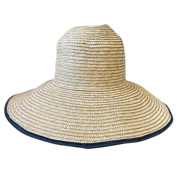 Natural Straw Wide Brim Hat with Black Trim and tie unisex