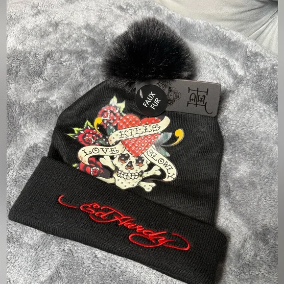 NWT Ed‎ Hardy Love Kills Slowly Black Pompom Beanie with embellishment.