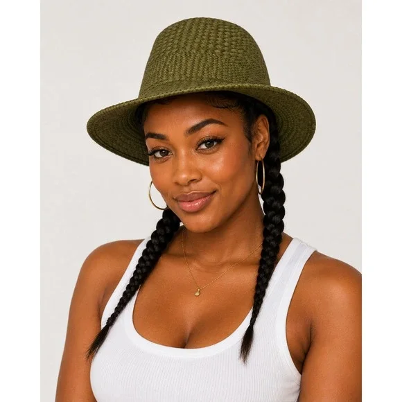 D&Y Olive Green Woven Paper Straw Fedora Sun Hat AFD8449 NWT
