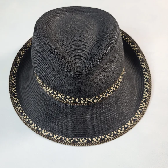 Eric Javits Black Straw Fedora Style SPF Sun Hat Neutral Colors Small