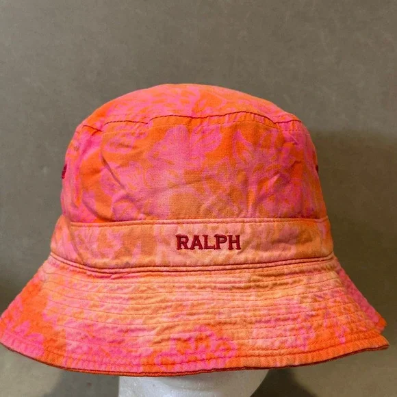 VTG Ralph Lauren Reversible Bucket Hat‎ Orange Pink Floral Tropical Sun Hat
