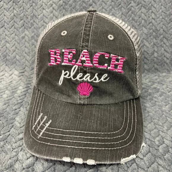 HG Trucker Hat Beach Please Womens OSFM Charcoal Grey Pink Distressed Mesh Cap