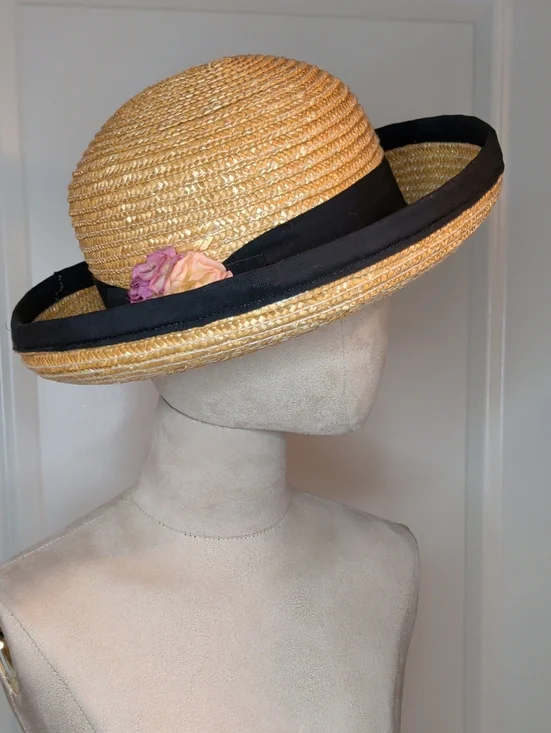 Vintage Tan Straw Sun Hat Bowler Black Ribbon Trim and Pink Flower