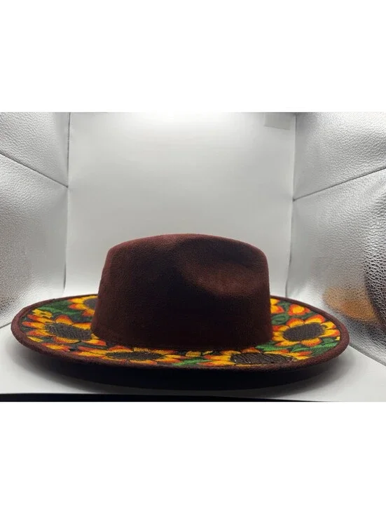Mexican Artisanal Hand Embroidered Sunflower Fedora Hat Suede Boho Medium
