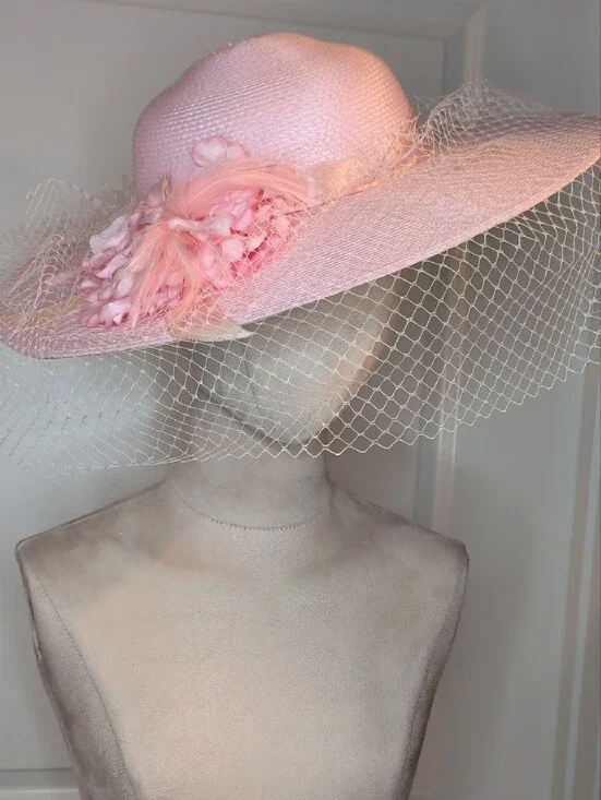 Vintage Pink Wide-Brim Picture Hat with Veil and Floral Trim Pastel Wedding