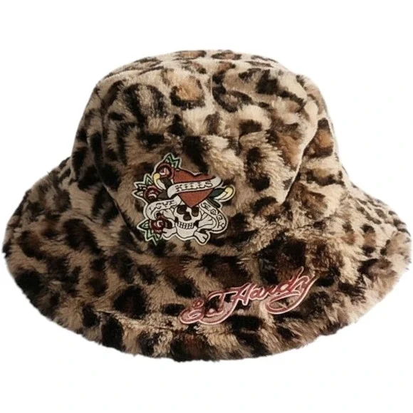Ed Hardy‎ Faux Fur Bucket Hat Love Kills Slowly Cheetah Print