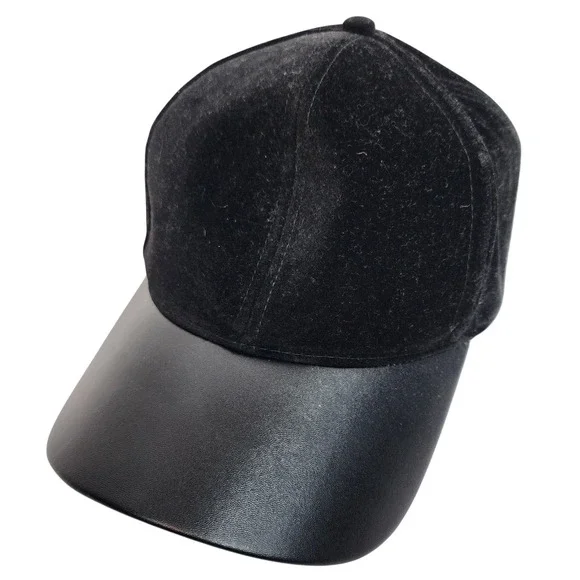 D&Y‎ Black Velvet and Faux Leather Baseball Cap Adjustable Hat FWCAP815